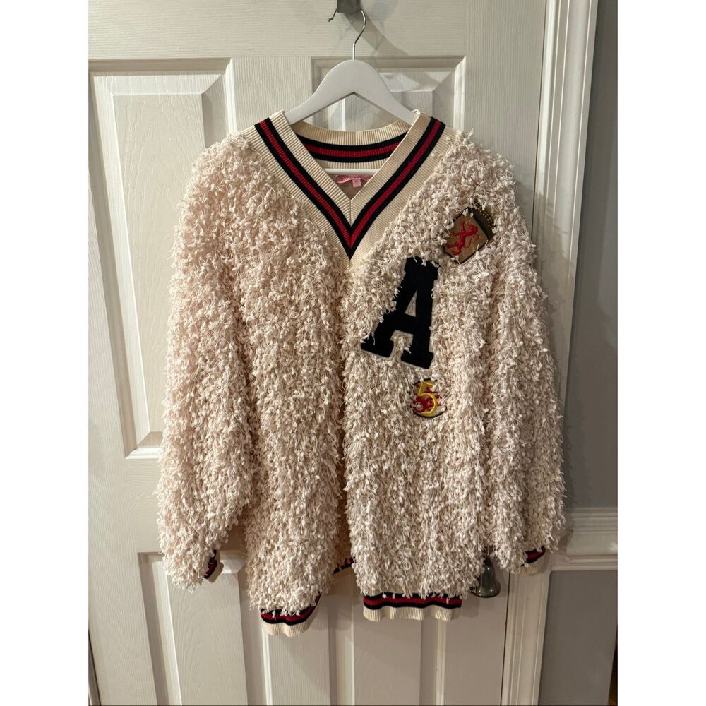 Eva Franco Anthropologie Fuzzy Oversized Varsity V-Neck Patch Sweater sz 1X NWOT